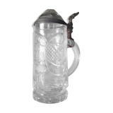 Chope à biere ancienne gravée cristal et étain