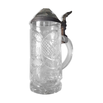 Antique engraved crystal and pewter beer mug
