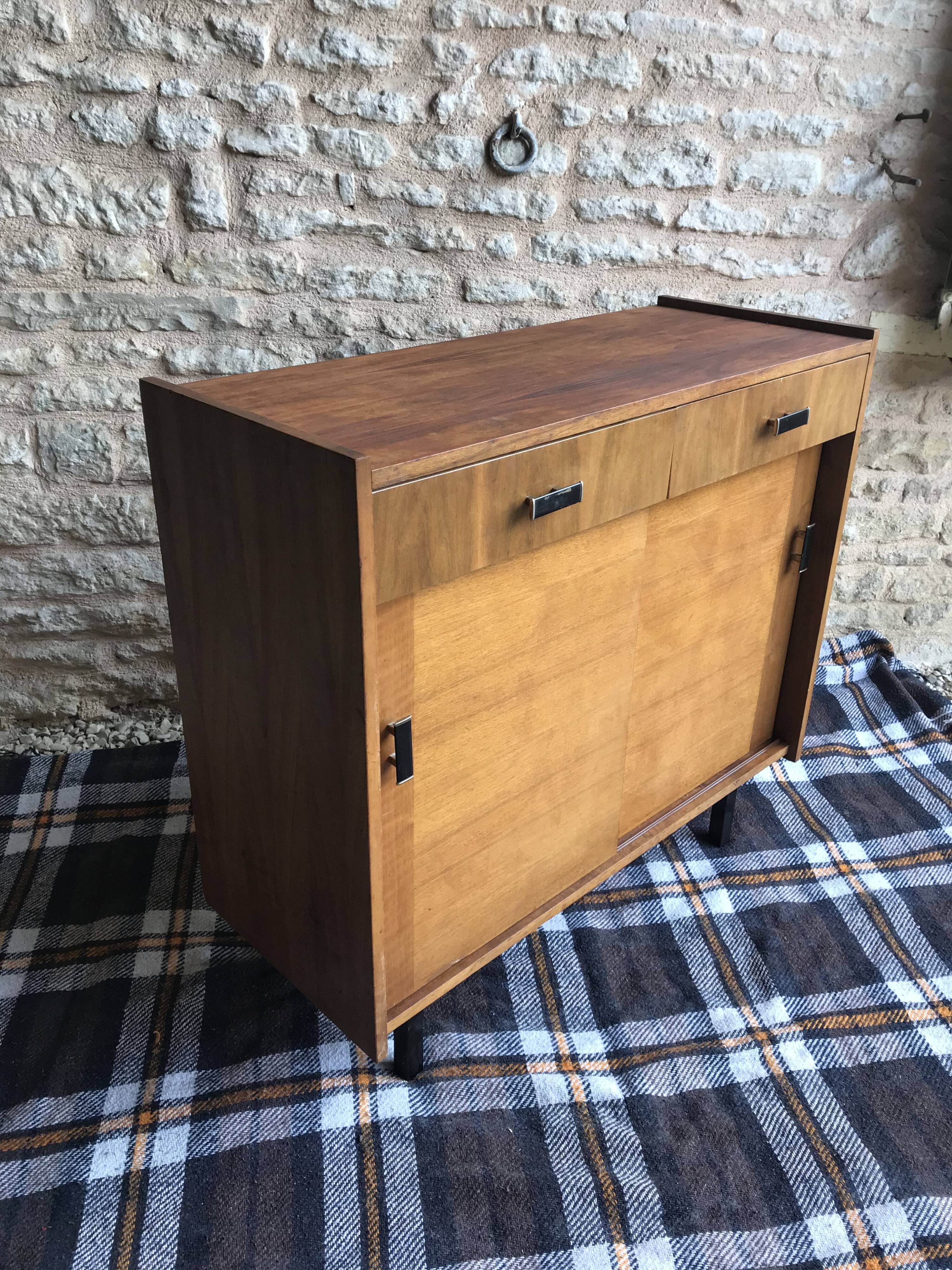 Vintage storage cabinet sideboard two sliding doors two drawers