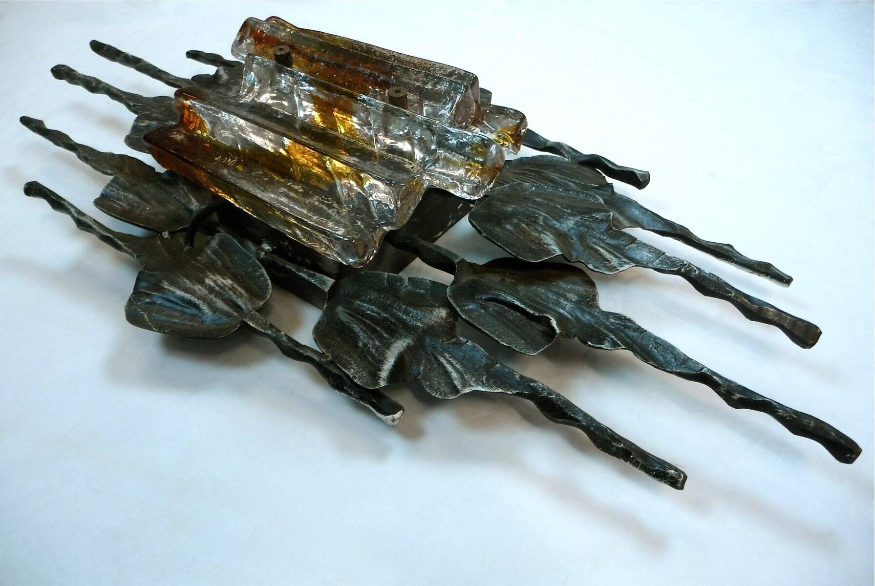 Large brutalist iron & ice Murano glass sconce / wall lamp, 1960s