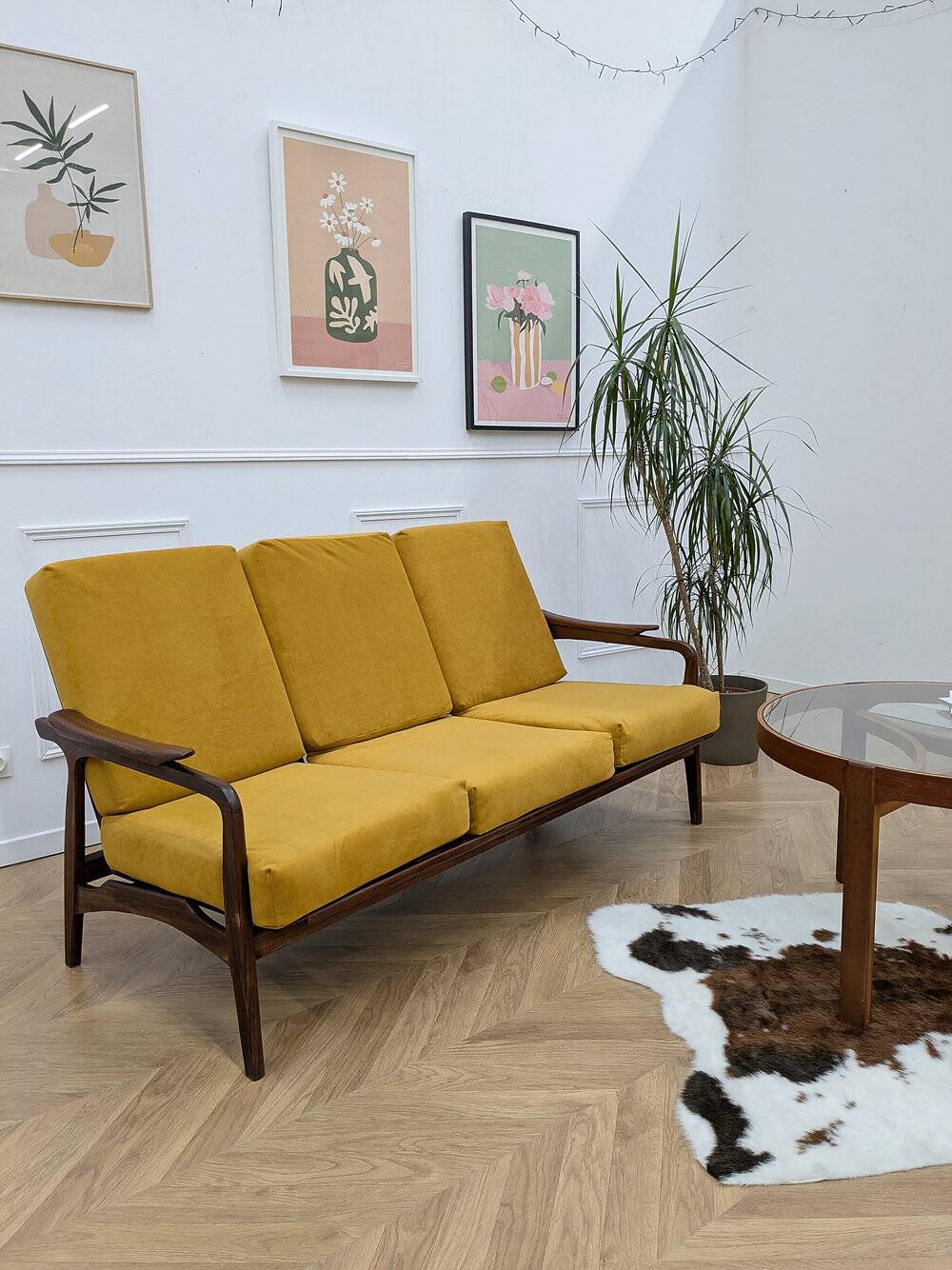 Canapé scandinave retapissé vintage teck