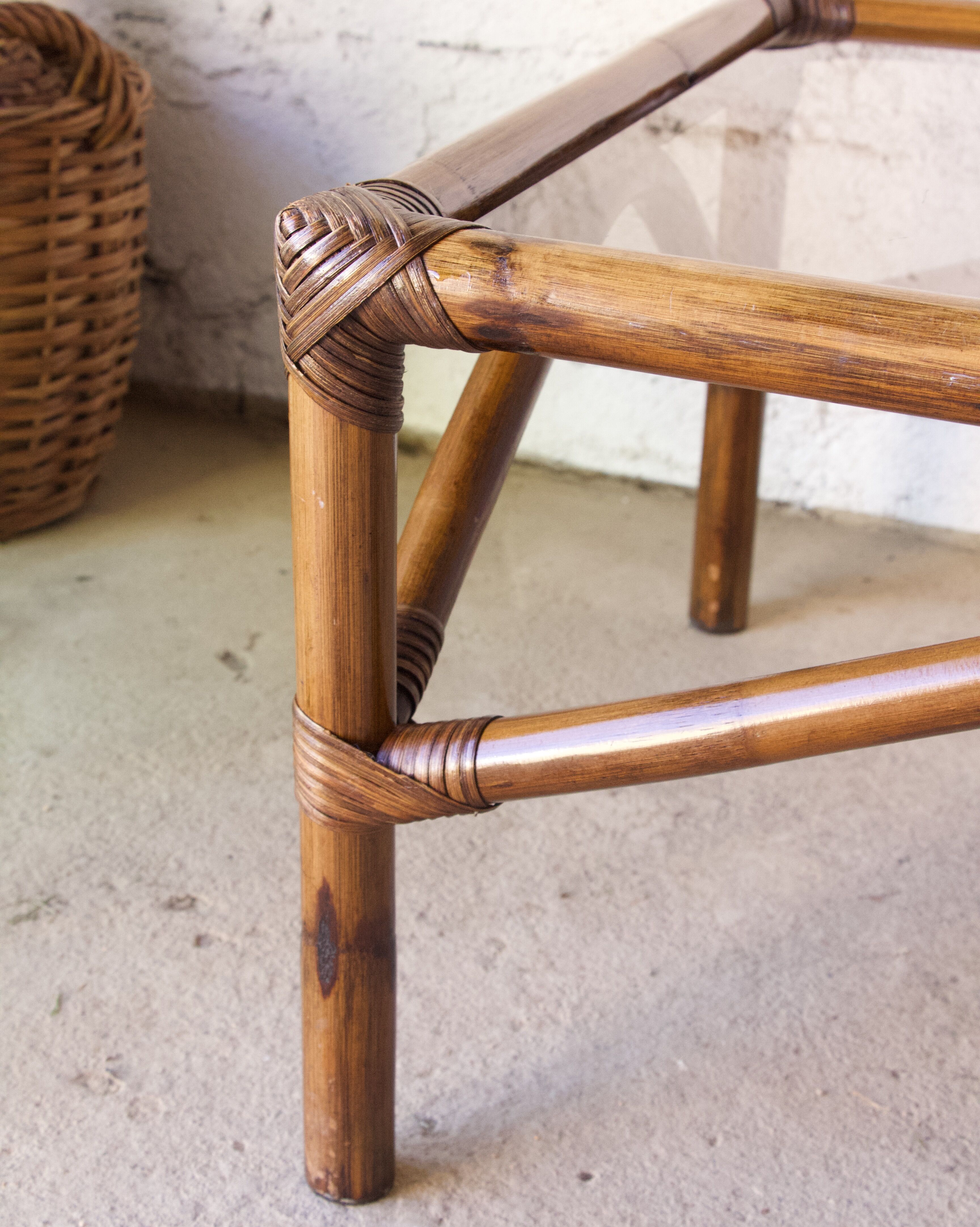 Rattan coffee table and vintage smoked glass top