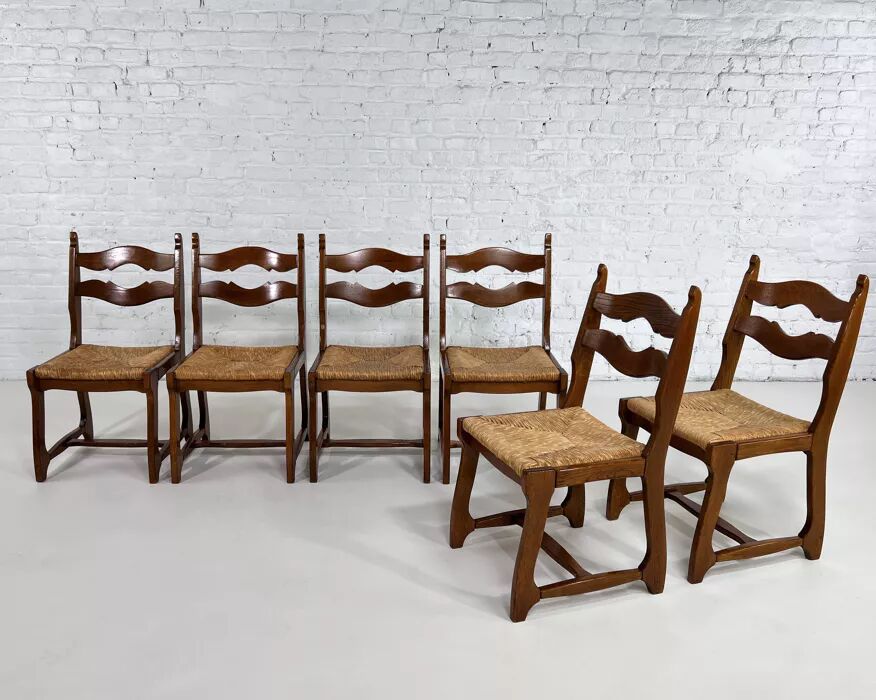 Set of 6 1950s chairs in wood and straw