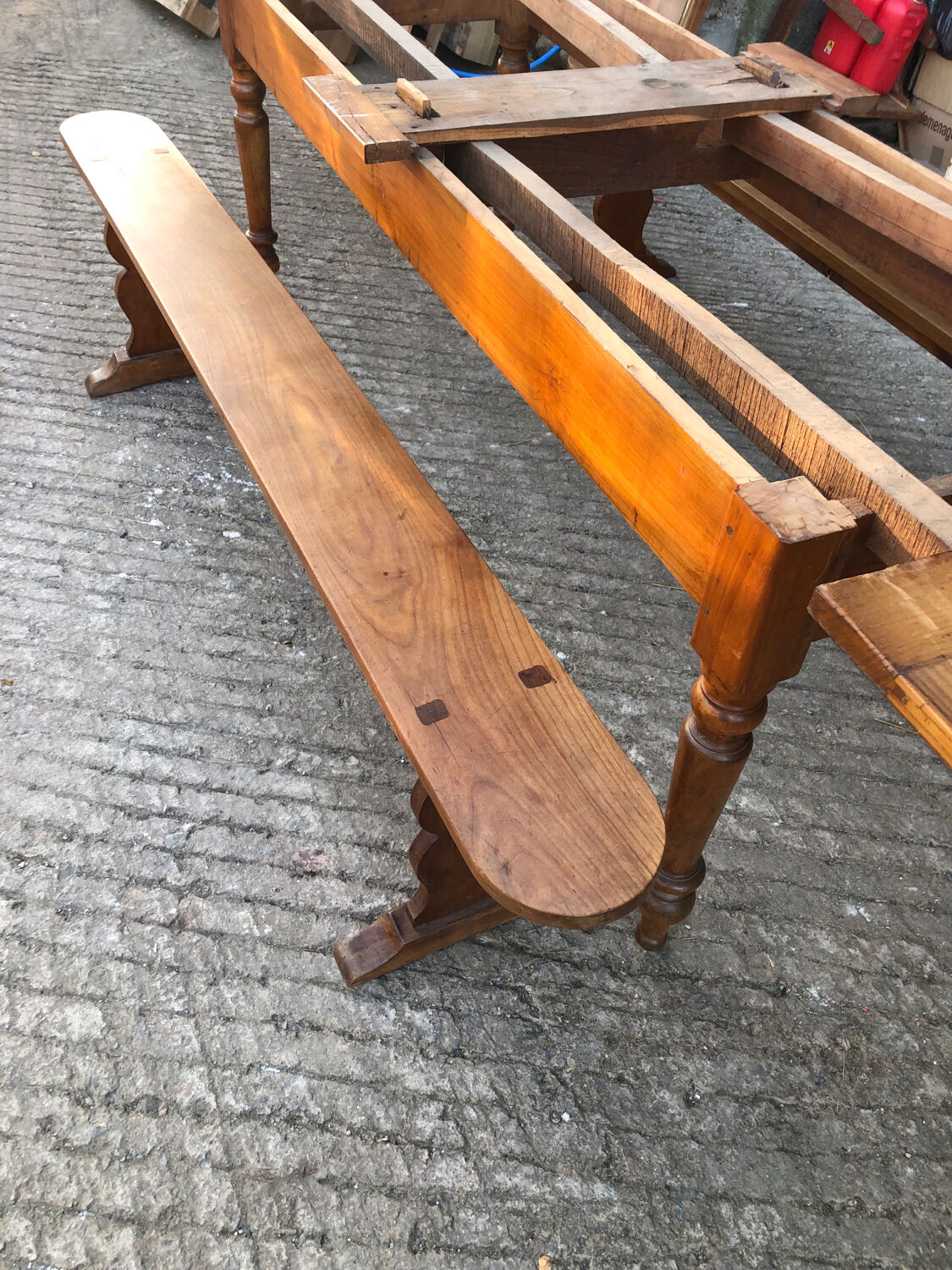 Antique farmhouse table in solid cherry wood with its 2 benches