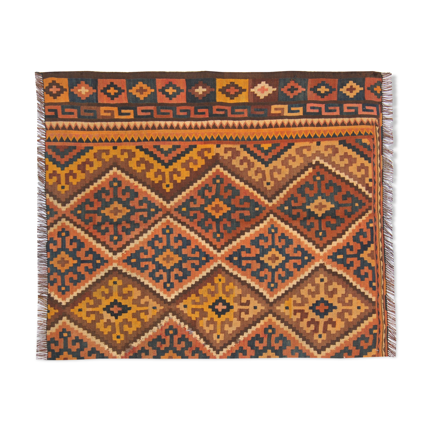 Vintage Orange Tribal Kilim, Geometric Design Wool rug- 95x110cm