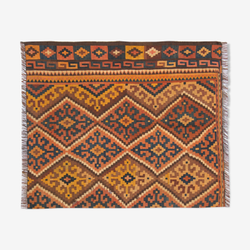 Vintage Orange Tribal Kilim, Geometric Design Wool rug- 95x110cm