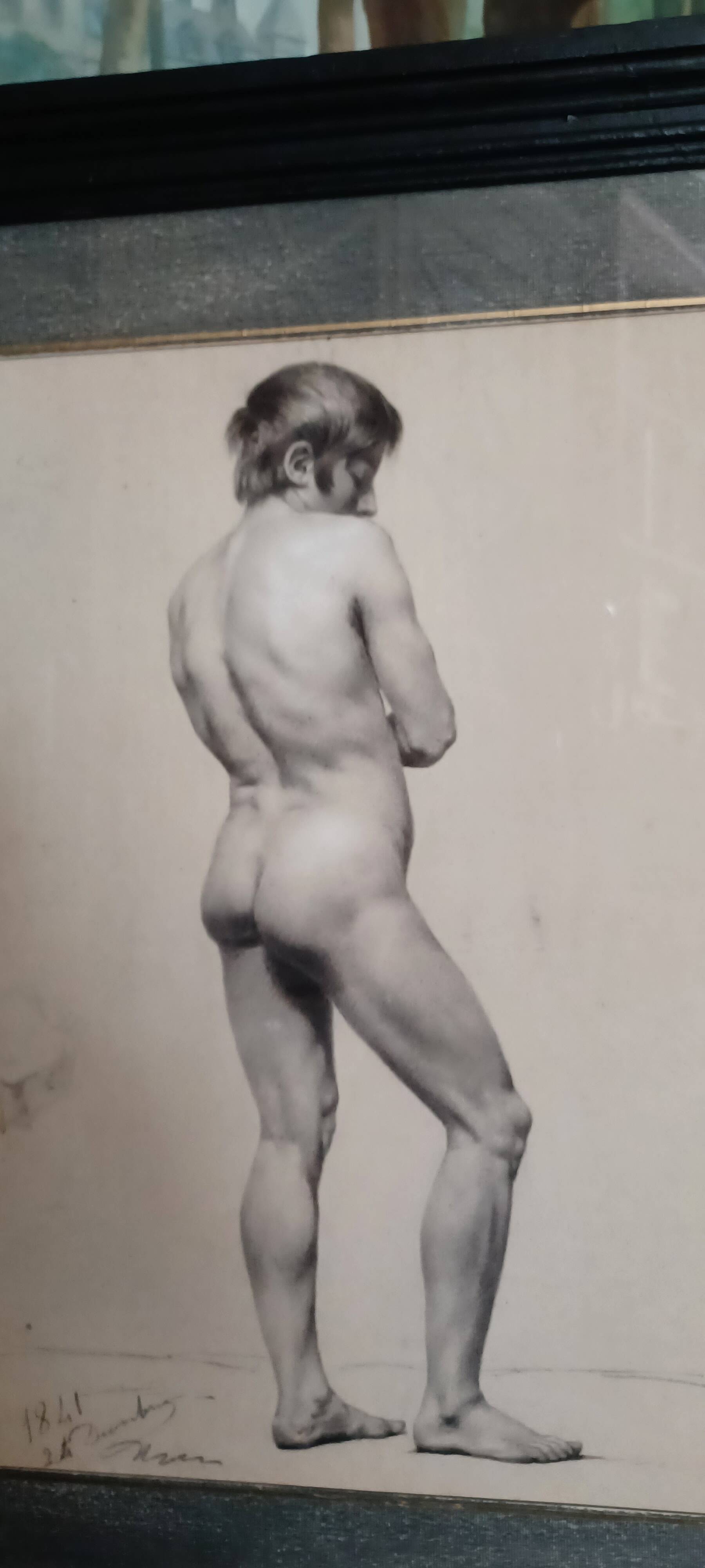 Drawing of a male nude in charcoal - academy signed and dated