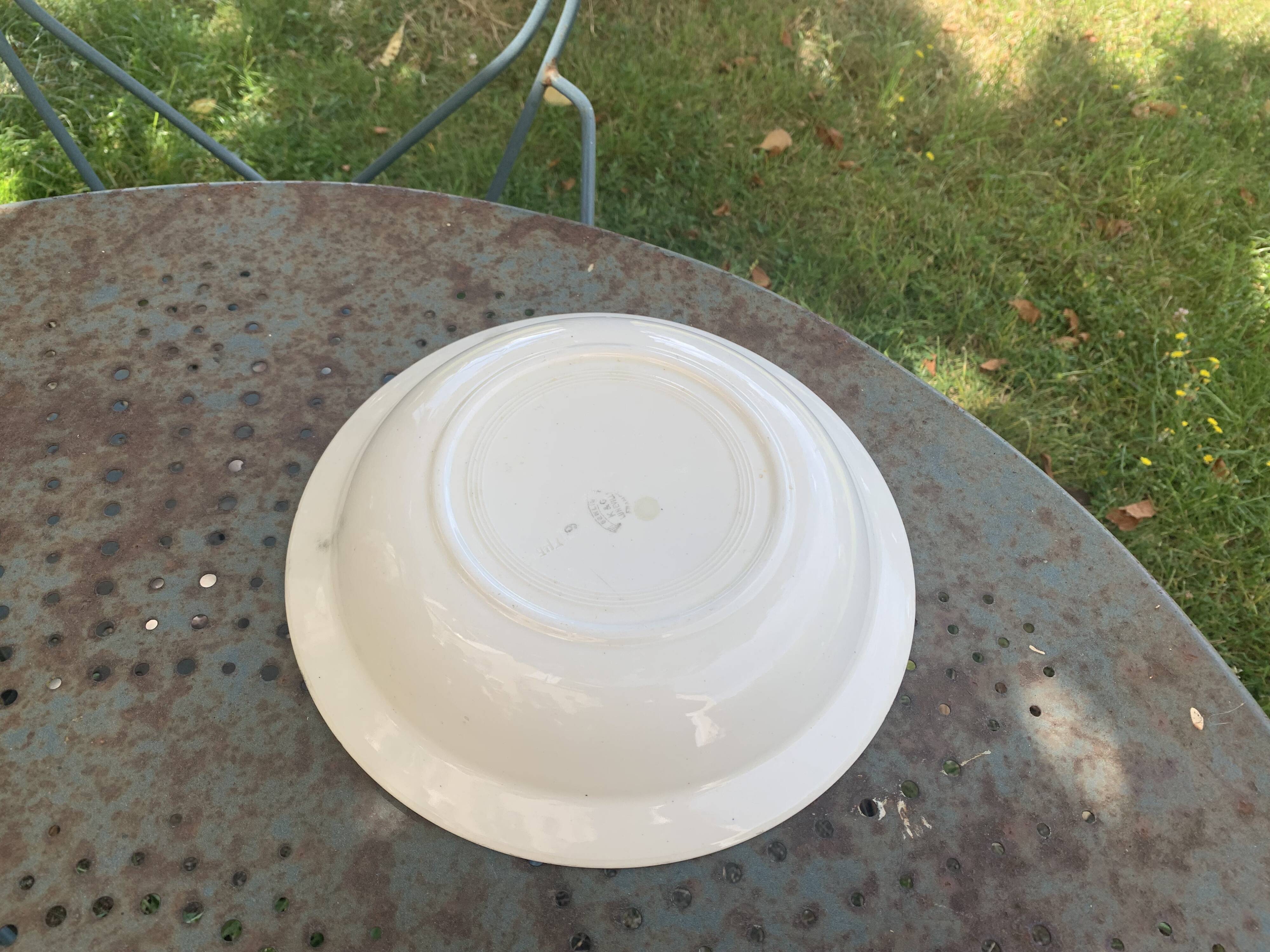 Hollow dish, Senlis model, KG luneville, France, burgundy rose patterns and gray foliage