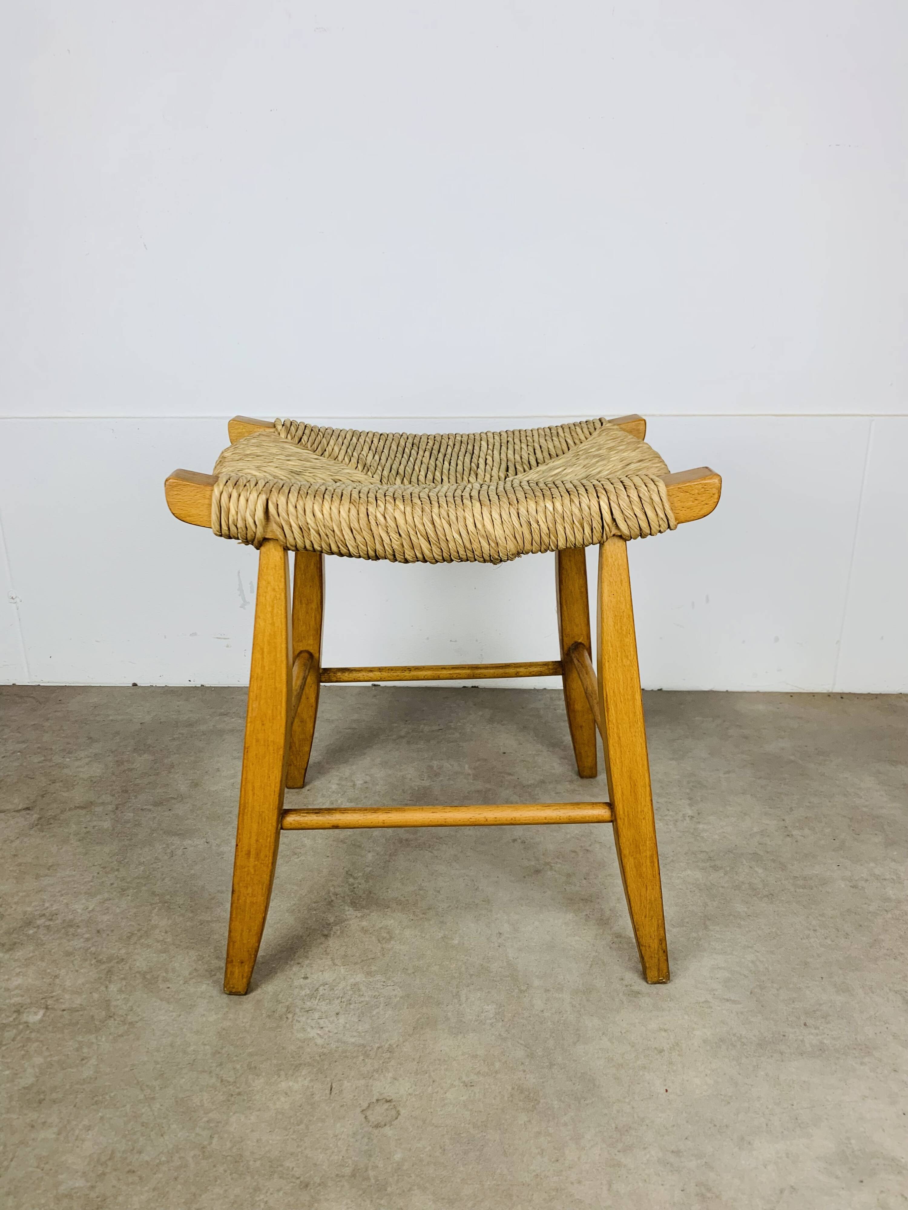 Bull stool straw and wood, Swiss design, 1950s