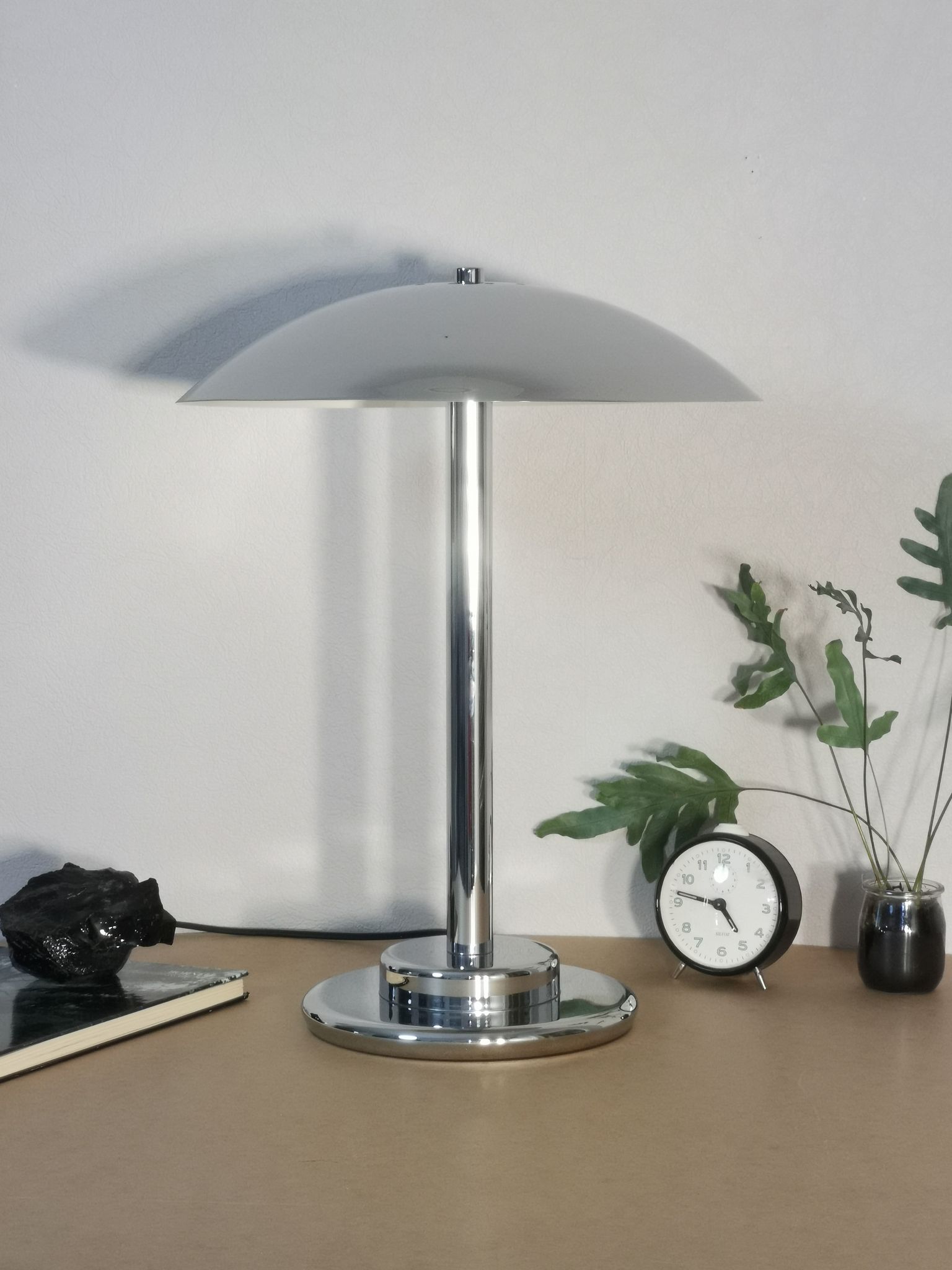 Mushroom lamp, chrome metal saucer, Aluminor, France, 1970