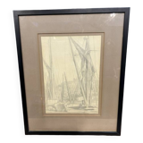 Pencil sketch - shipping rigging , signed