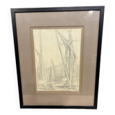 Croquis au crayon - shipping rigging, signé