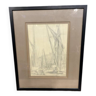 Pencil sketch - shipping rigging , signed