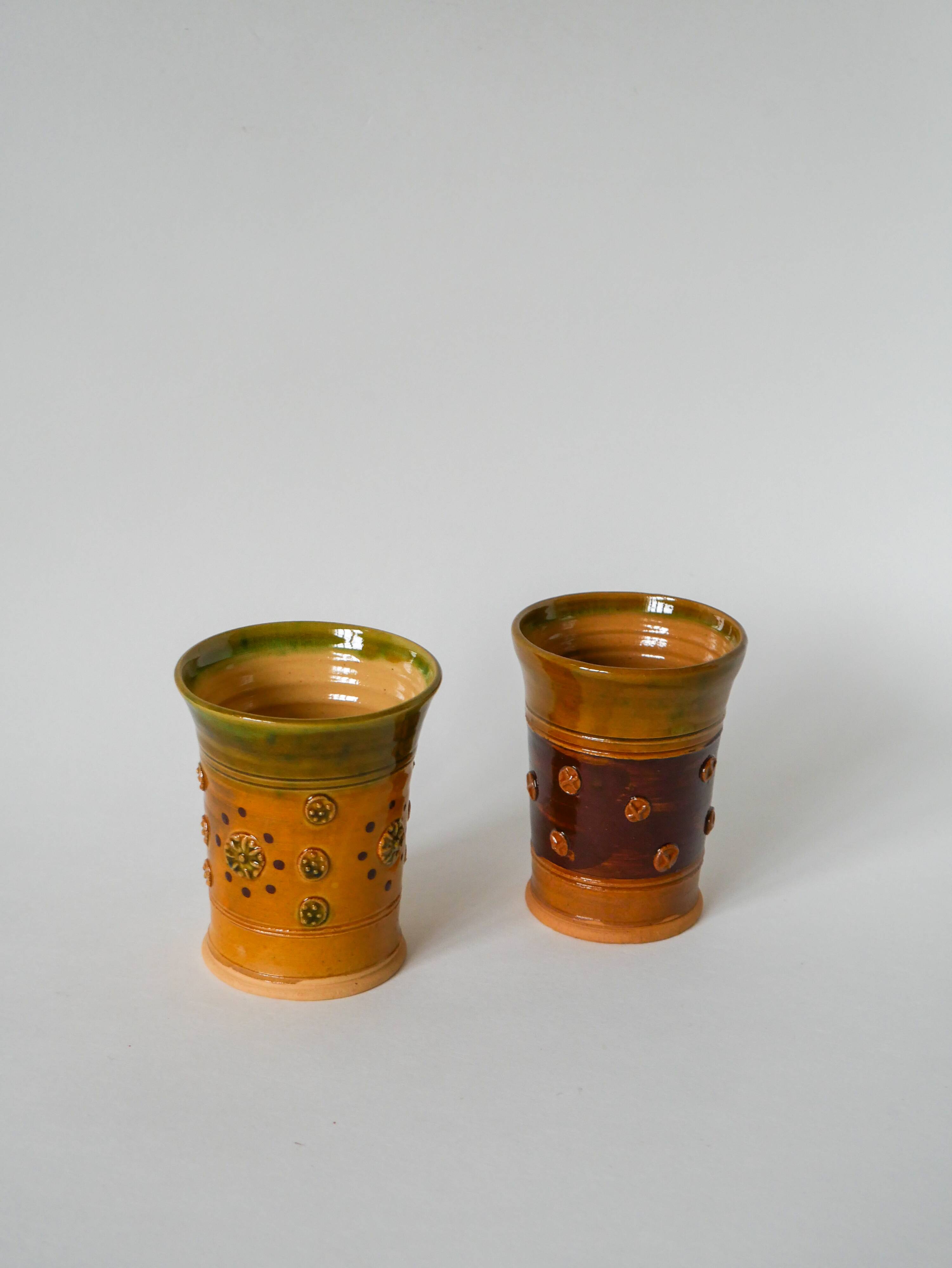 Pair of yellow and green ceramic/pottery cups, vintage, 1970