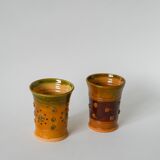 Paire de gobelets en céramique / poterie jaune et vert, vintage, 1970