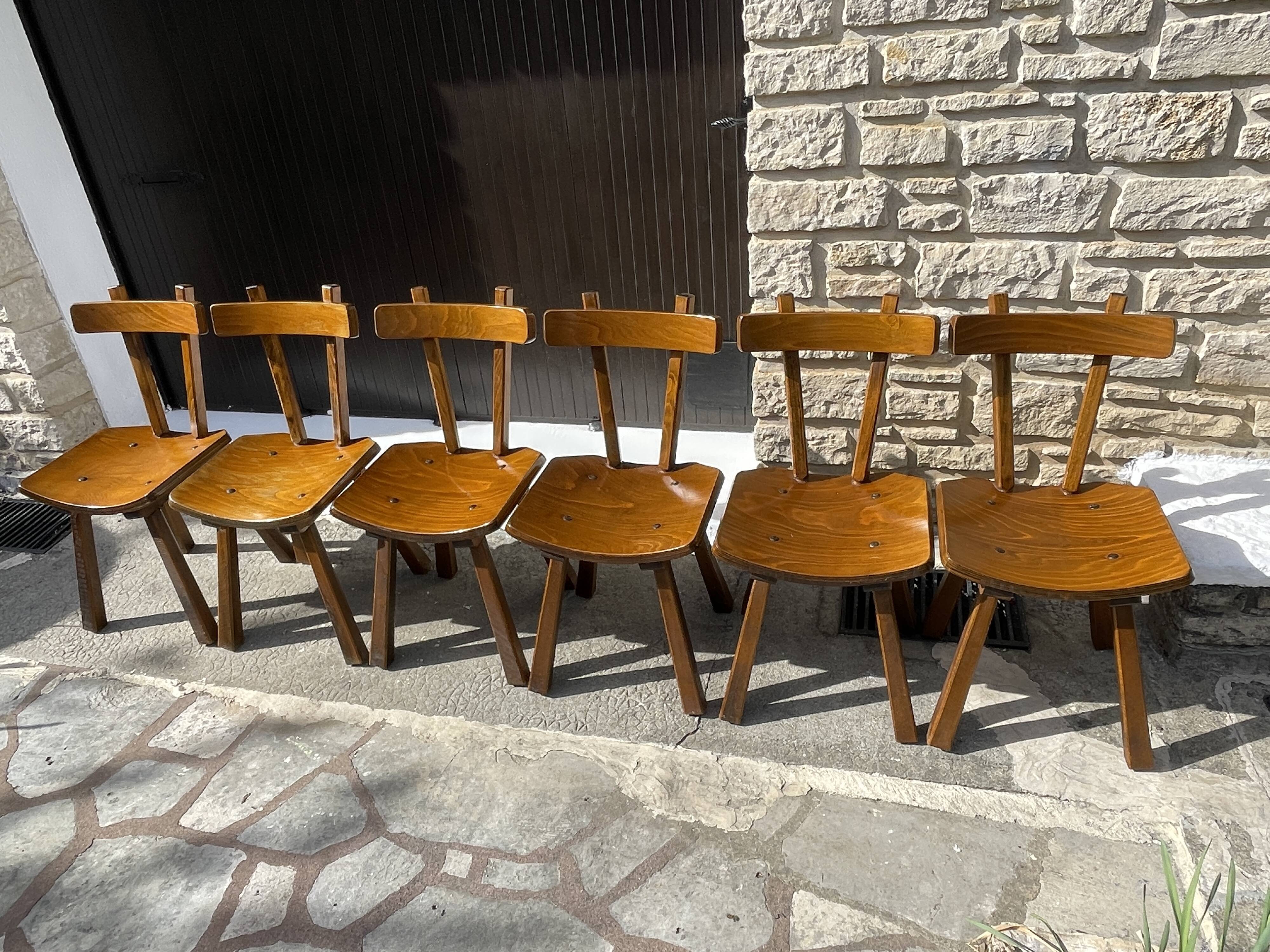 Set of 6 vintage chairs "Brutalist" in elm, 1950