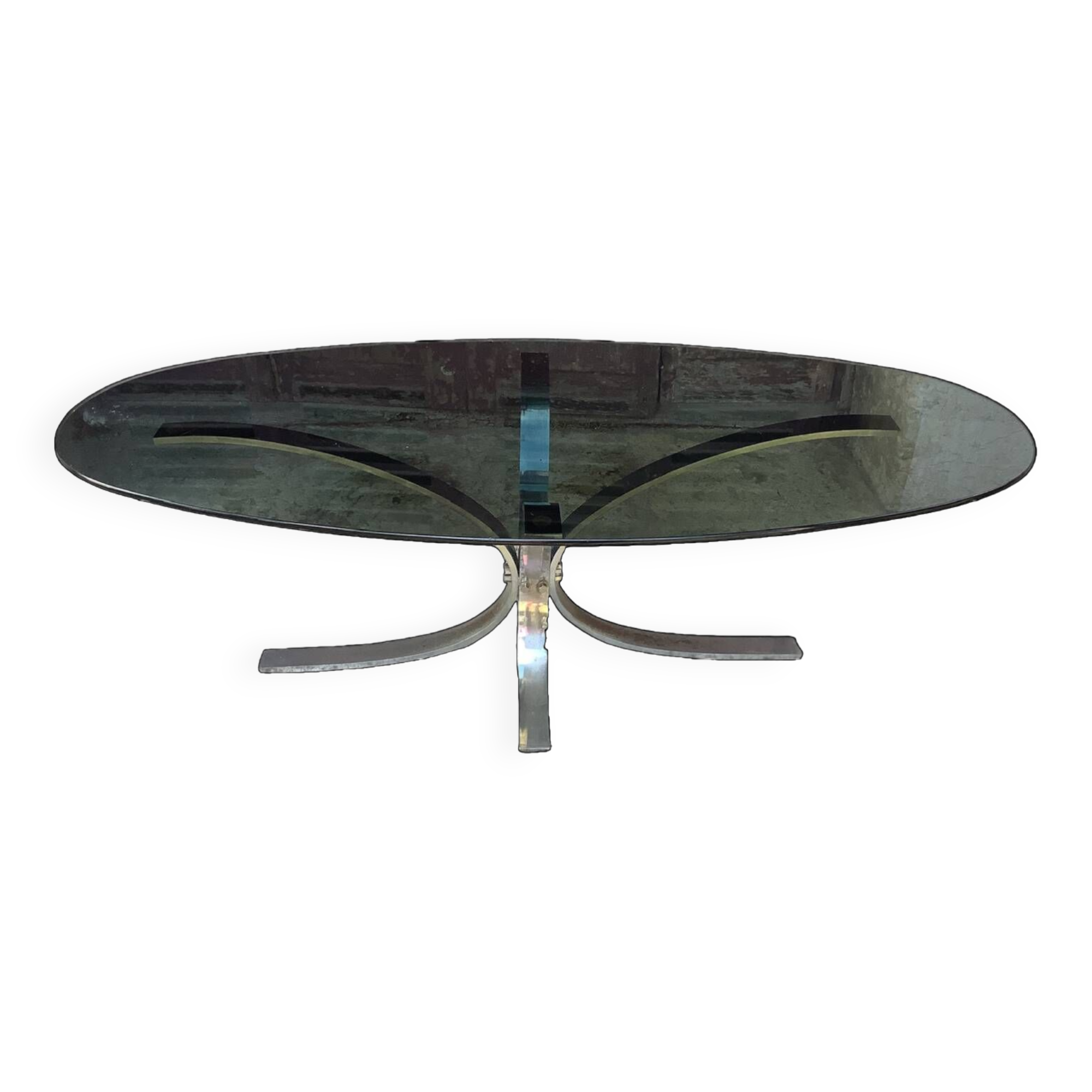 Oval smoked glass coffee table from the 70s