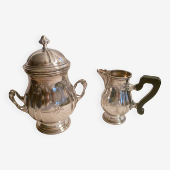 Sugar bowl & its milk pot with ebony handle in silver metal