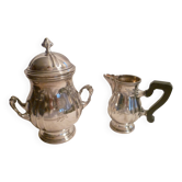Sugar bowl & its milk pot with ebony handle in silver metal