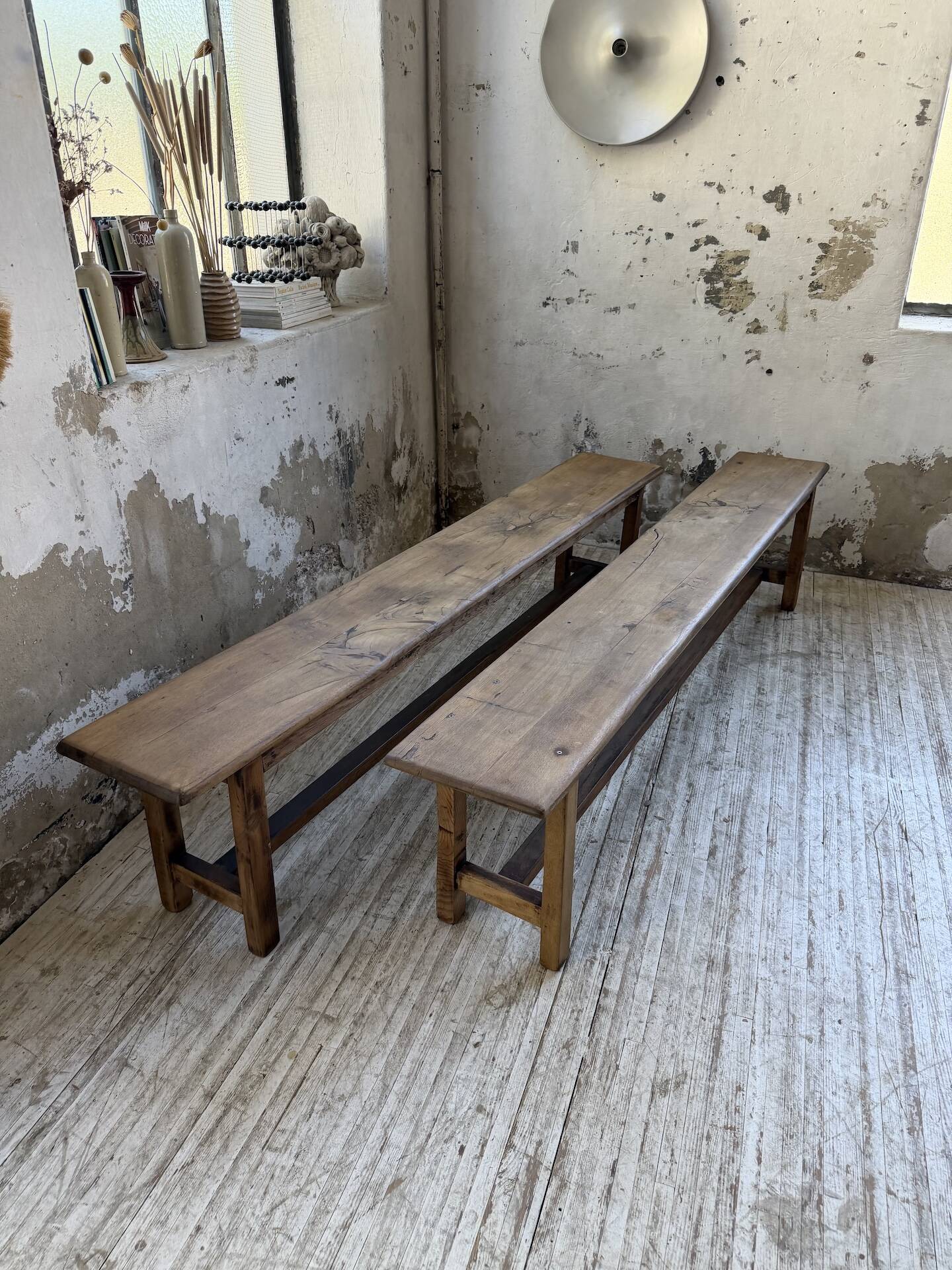 Set of two rustic oak farm benches 2m
