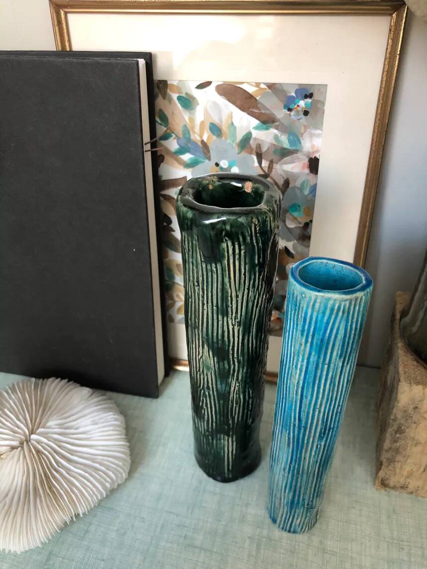 Two enameled tubular vases