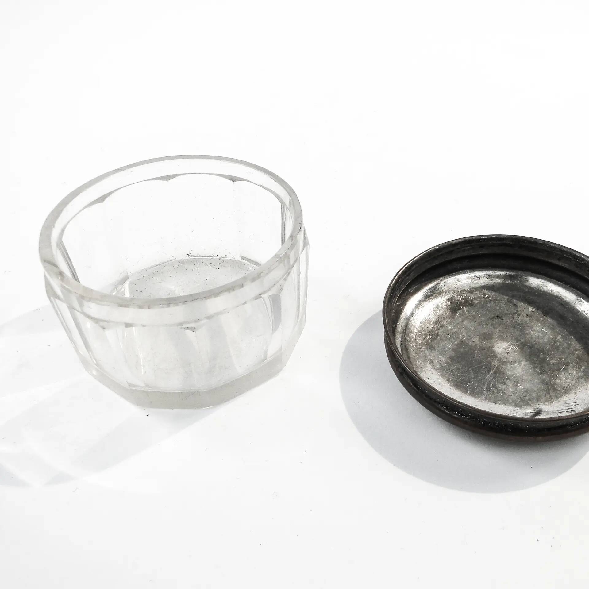 Art Deco pill box, crystal, silver-plated copper, Poland, 1930s