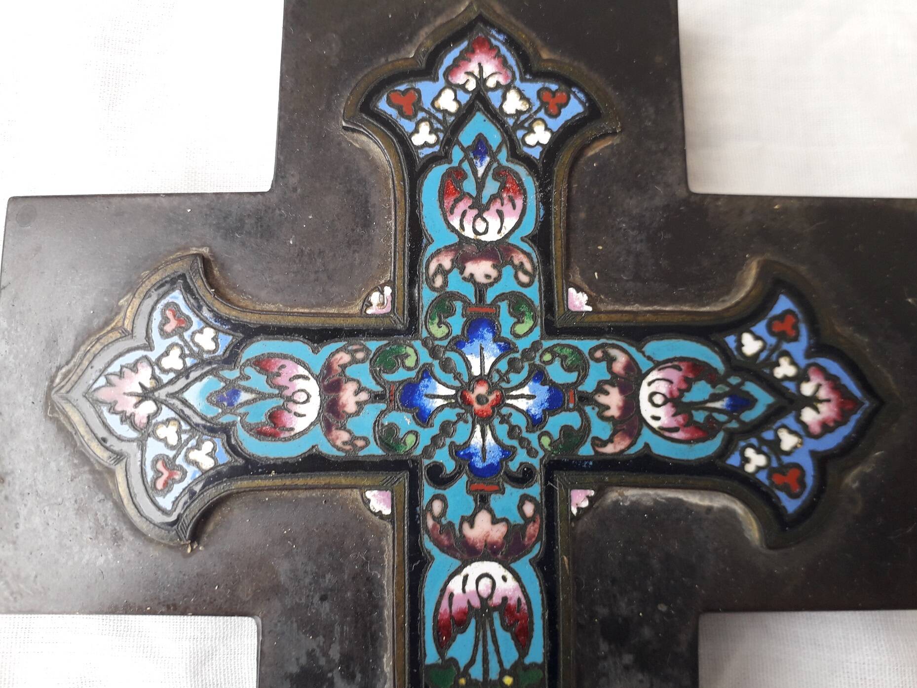 Cloisonné enamel cross holy water font