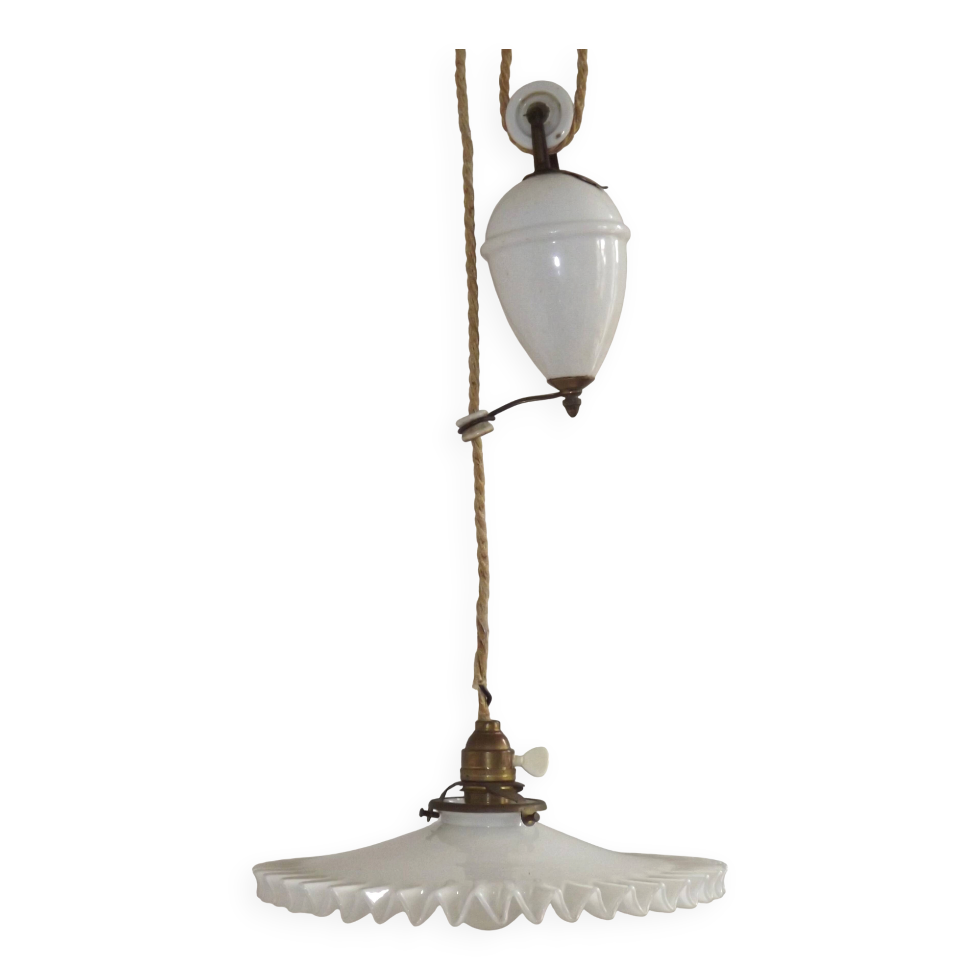 Vintage French Rise & Fall Counterbalance Ceiling Light Opaline Glass Shade