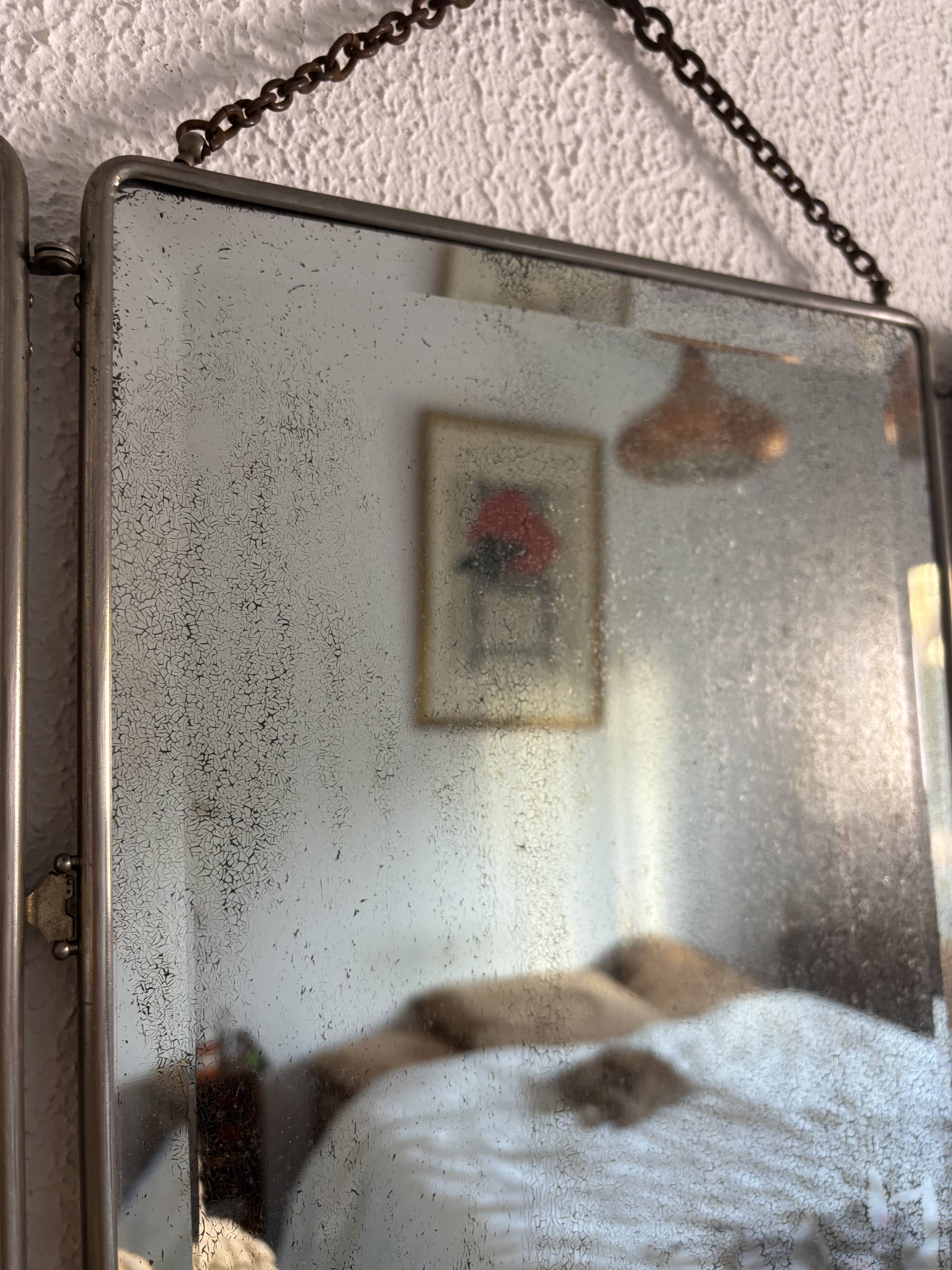 Vintage 1930s triptych barber mirror in black faux crocodile leather - 33 x 84 cm