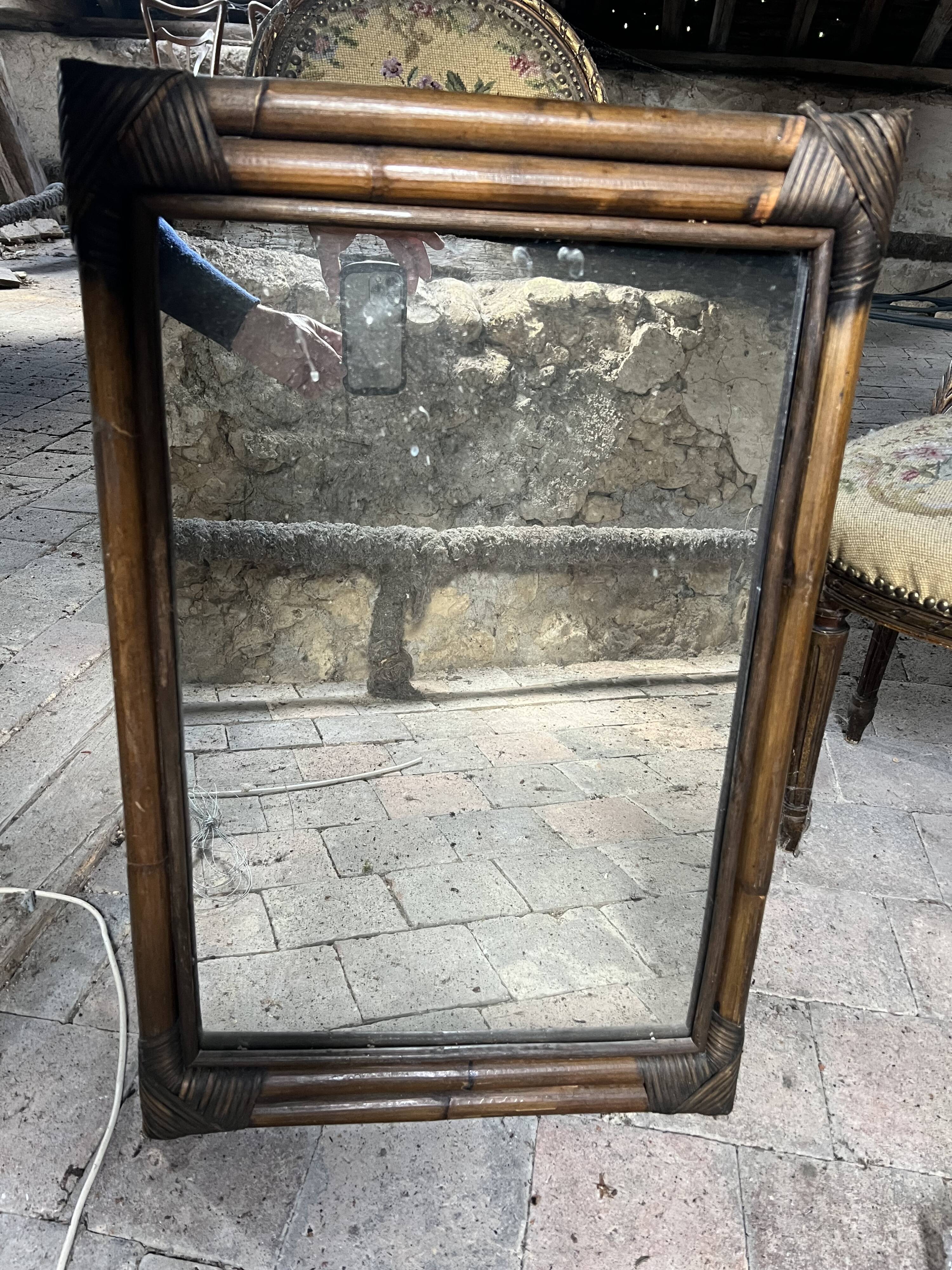Antique woven bamboo mirror – colonial style – early 20th century