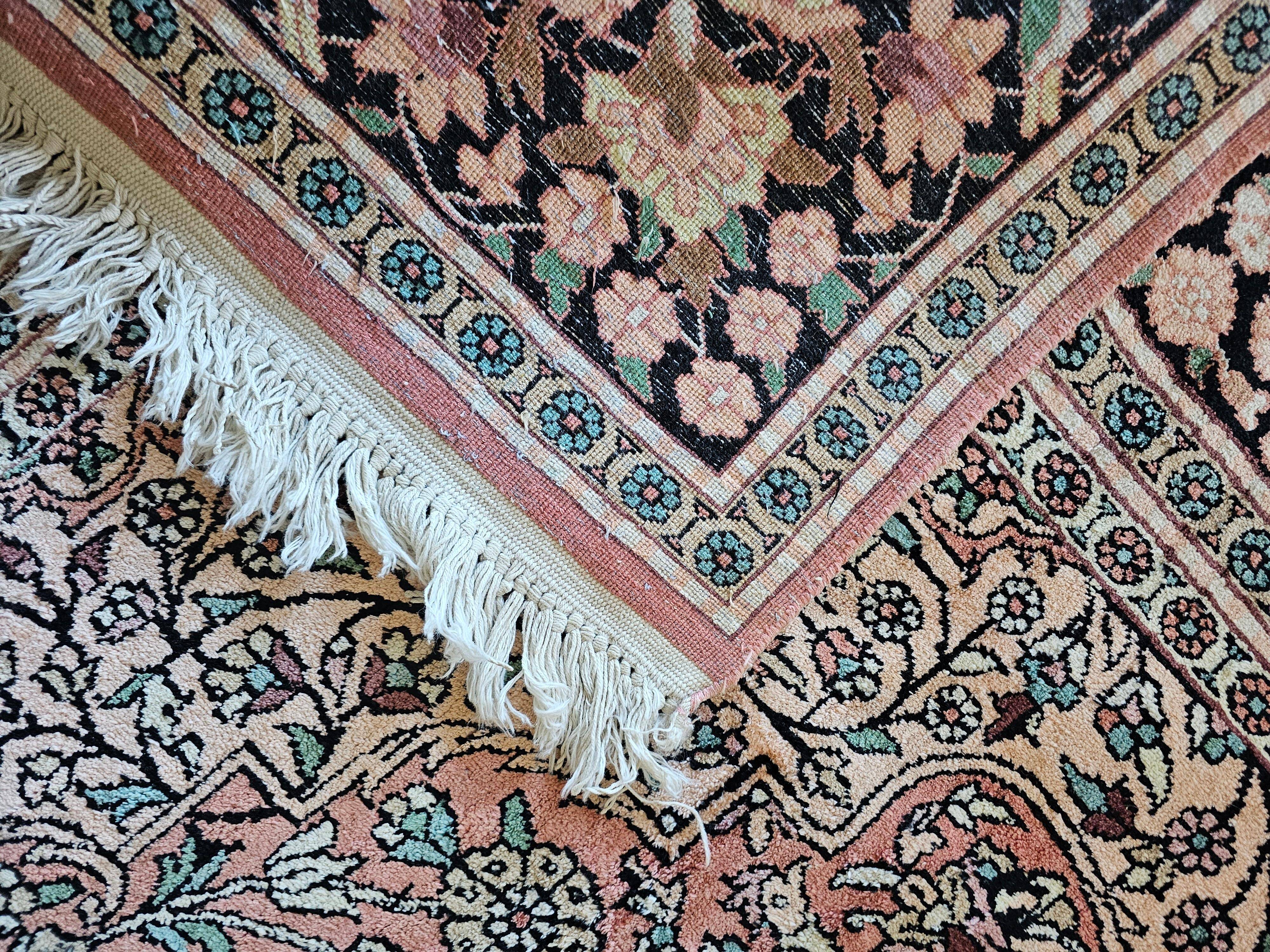 Vintage Kasmir Silk Hand-Knotted Rug with Floral Pattern, Pakistan 1950s