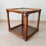 Table d'appoint vintage rotin et verre fumé années 70