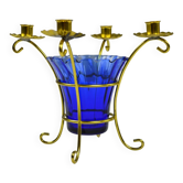 Support de bougie en laiton et en verre bleu cobalt, Suède, années 1960