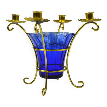 Brass and Cobalt Blue Glass Candle Holder, Sweden, 1960s