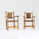 Ensemble de 2 fauteuils brutalistes espagnols en bois sculpté et tressé en jonc -