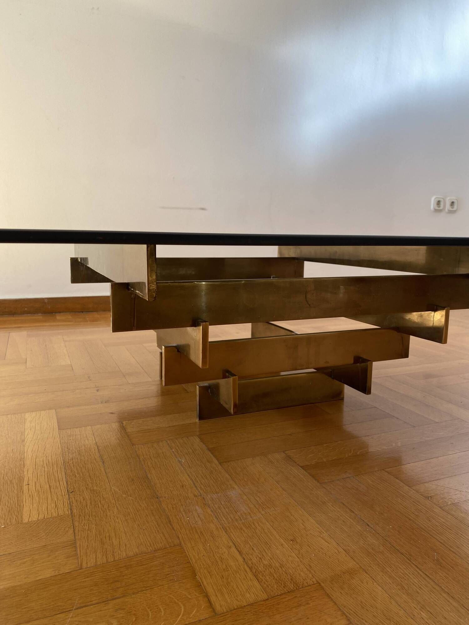 Vintage 1970s Square Coffee Table in Brass and Smoked Glass, David Hicks