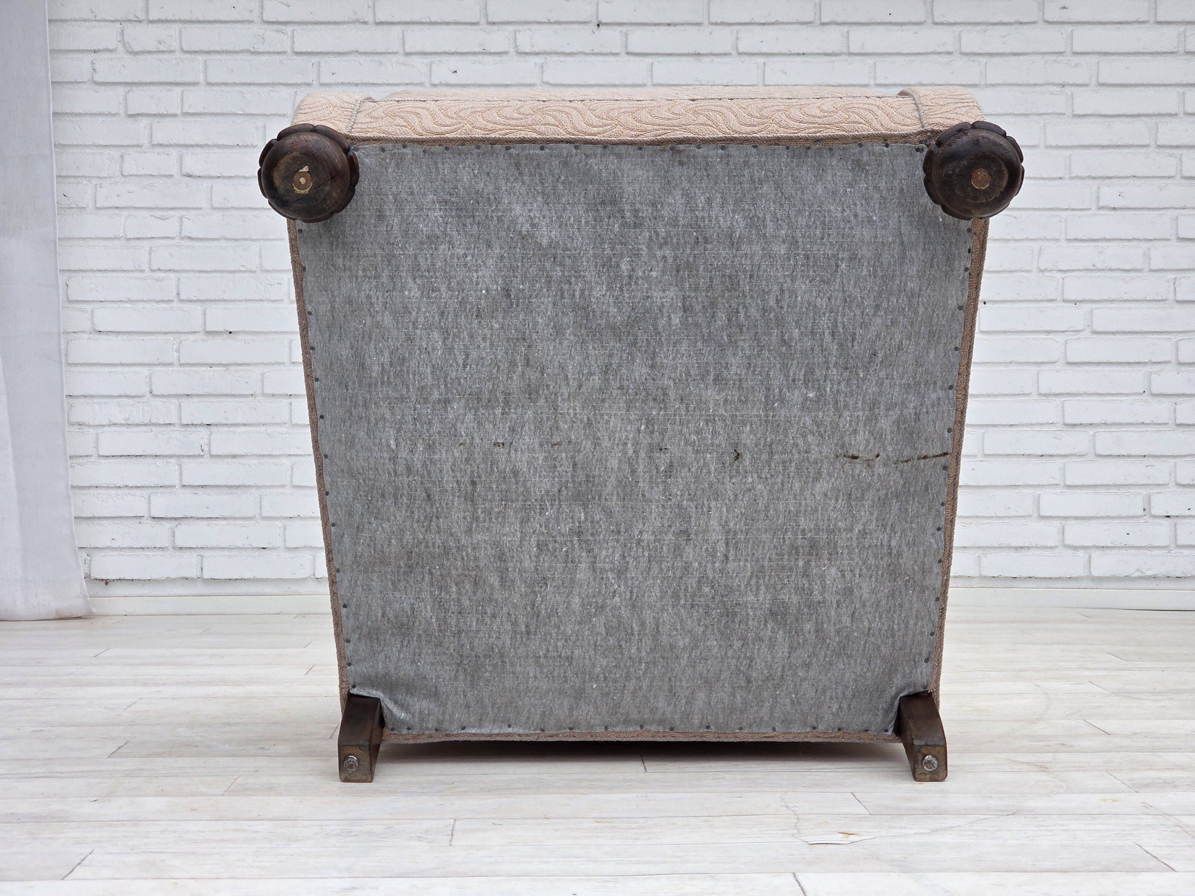 1950s, Danish artdeco armchair, furniture wool, oak wood legs.