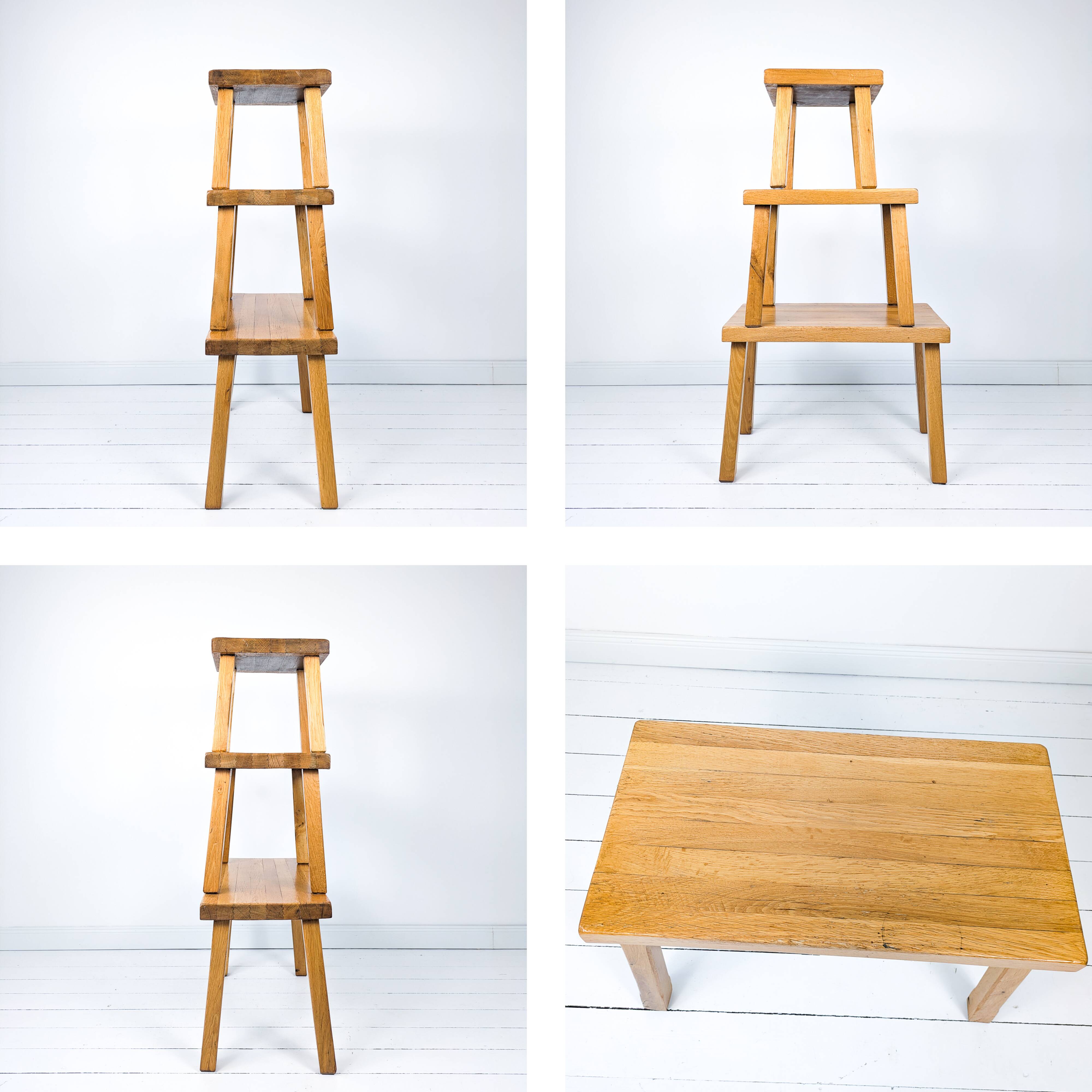 Ensemble de 3 tables gigognes vintage Mid-Century en chêne massif style bru