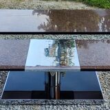Coffee table from the 70s in chromed steel and smoked plexiglass double swivel trays