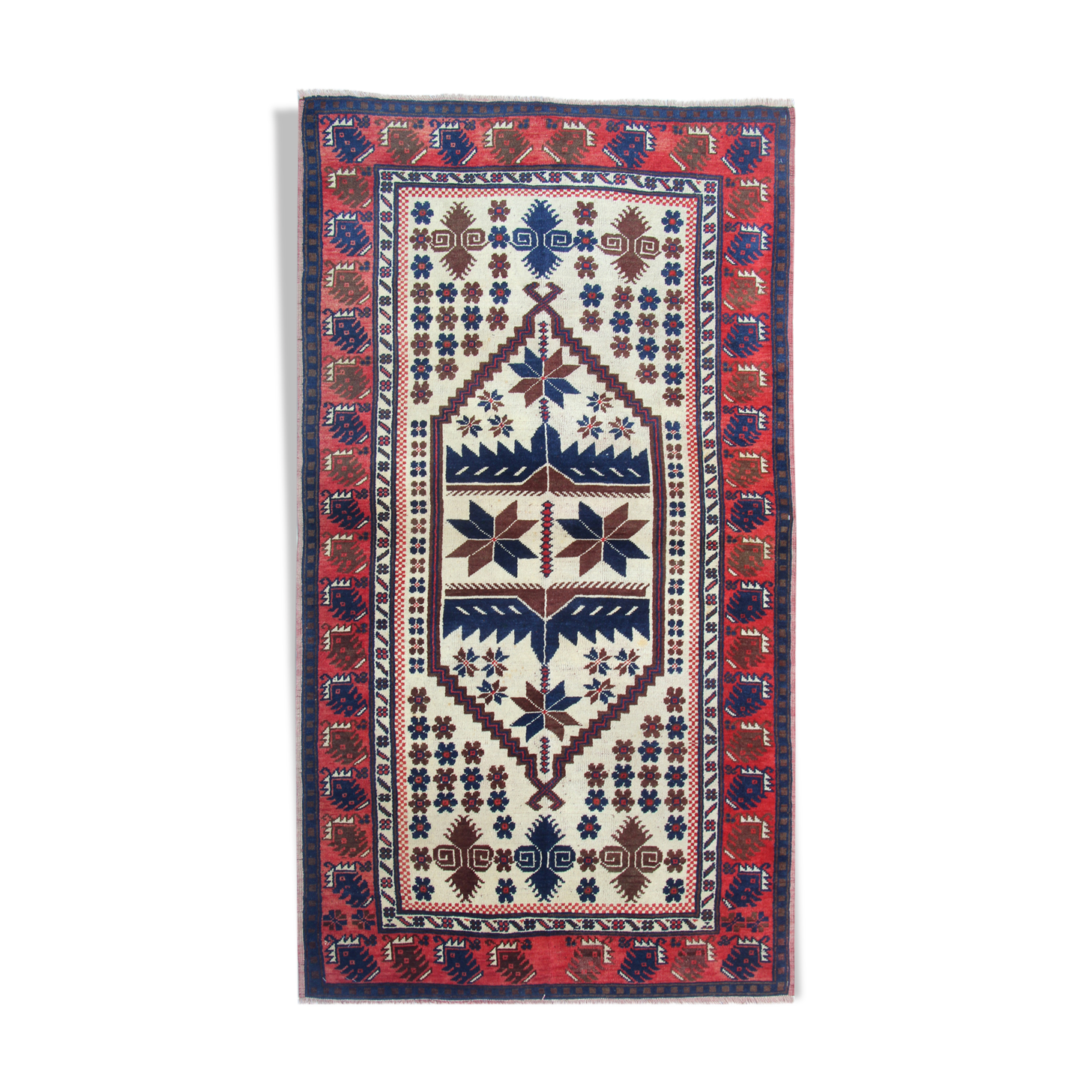 Antique turkish carpet handmade oriental red blue rug 100x200cm