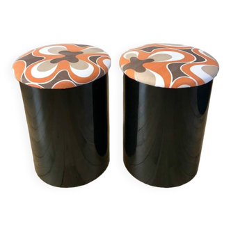 pair of space age stools black lacquered plastic and seventies fabrics 70s