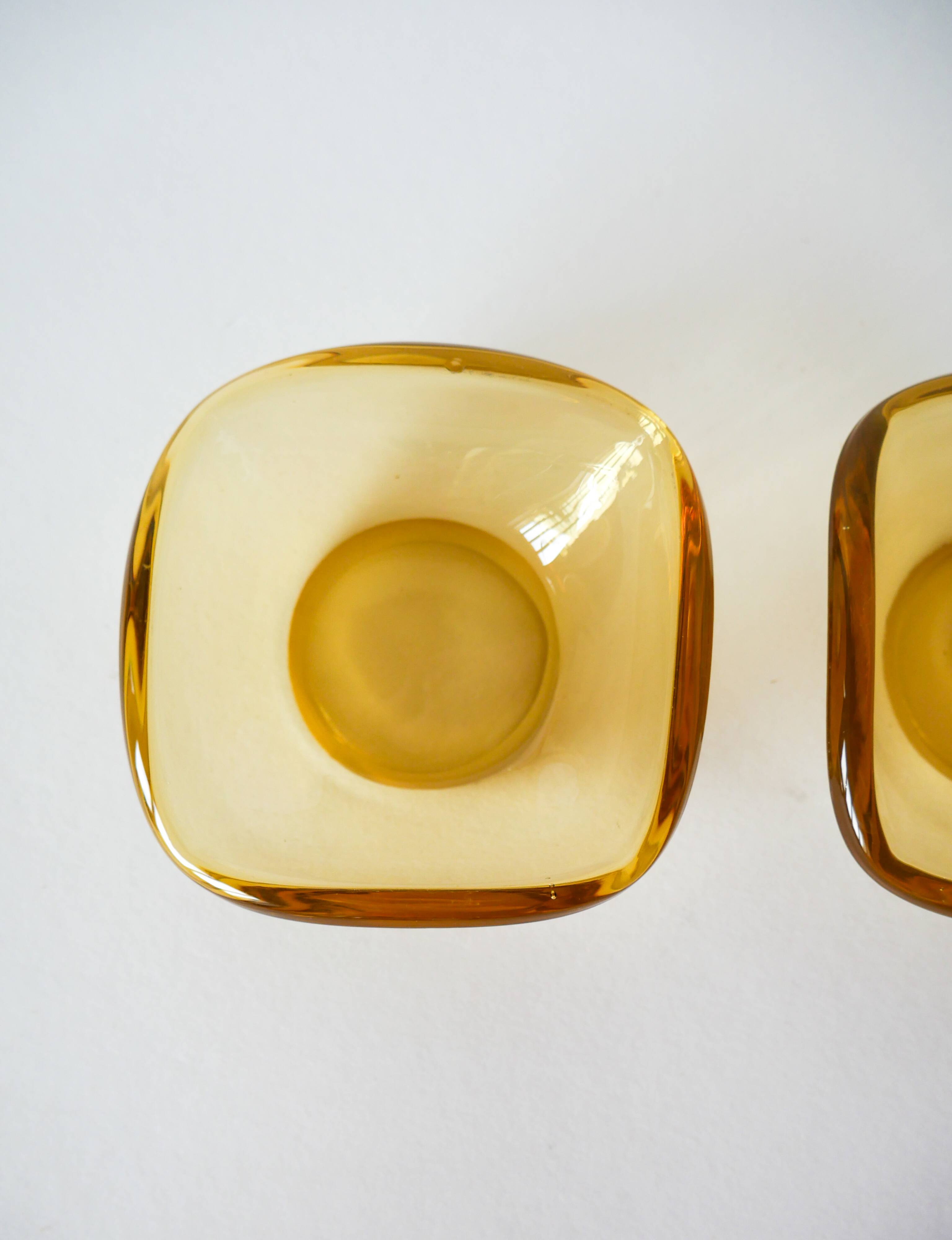 Pair of storage compartments in yellow colored glass, in the style of Murano, 1970