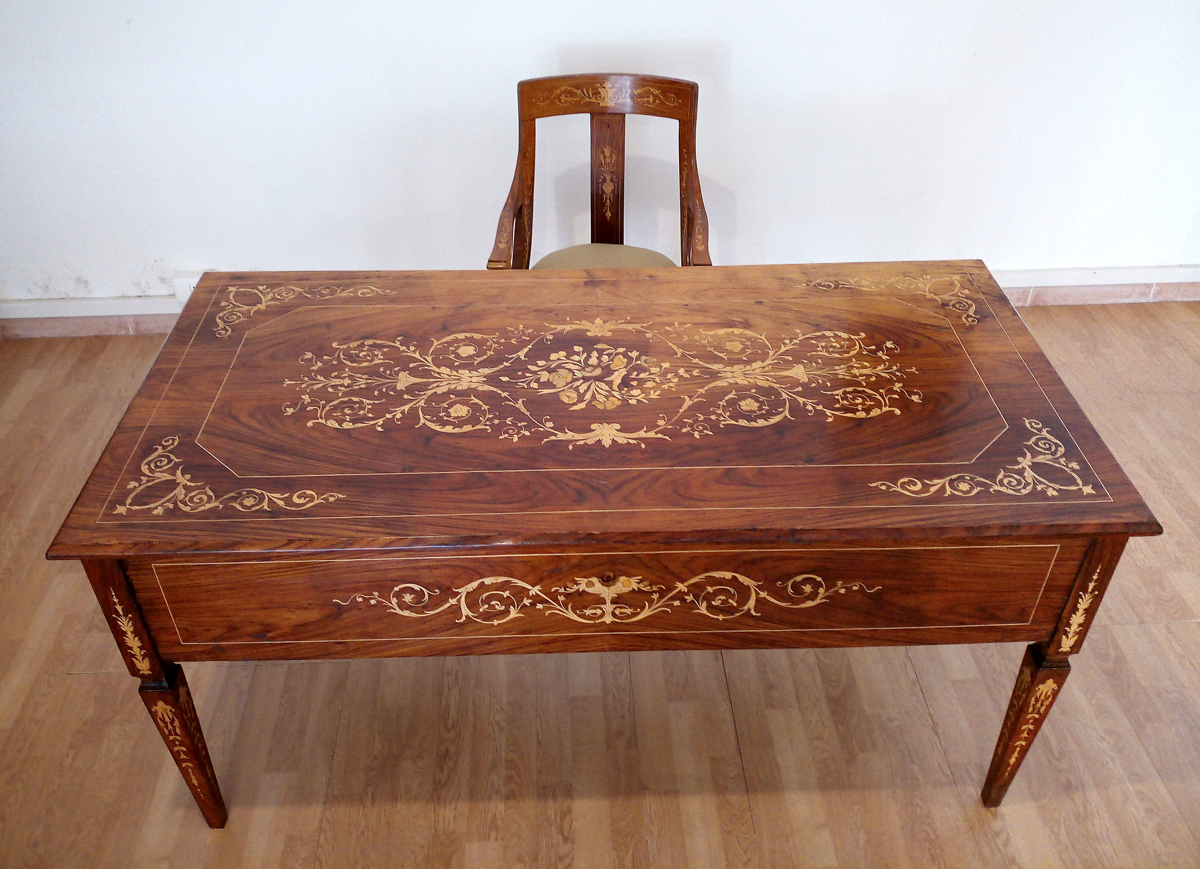 Louis XVI style italian bank desk and bench, 1920s