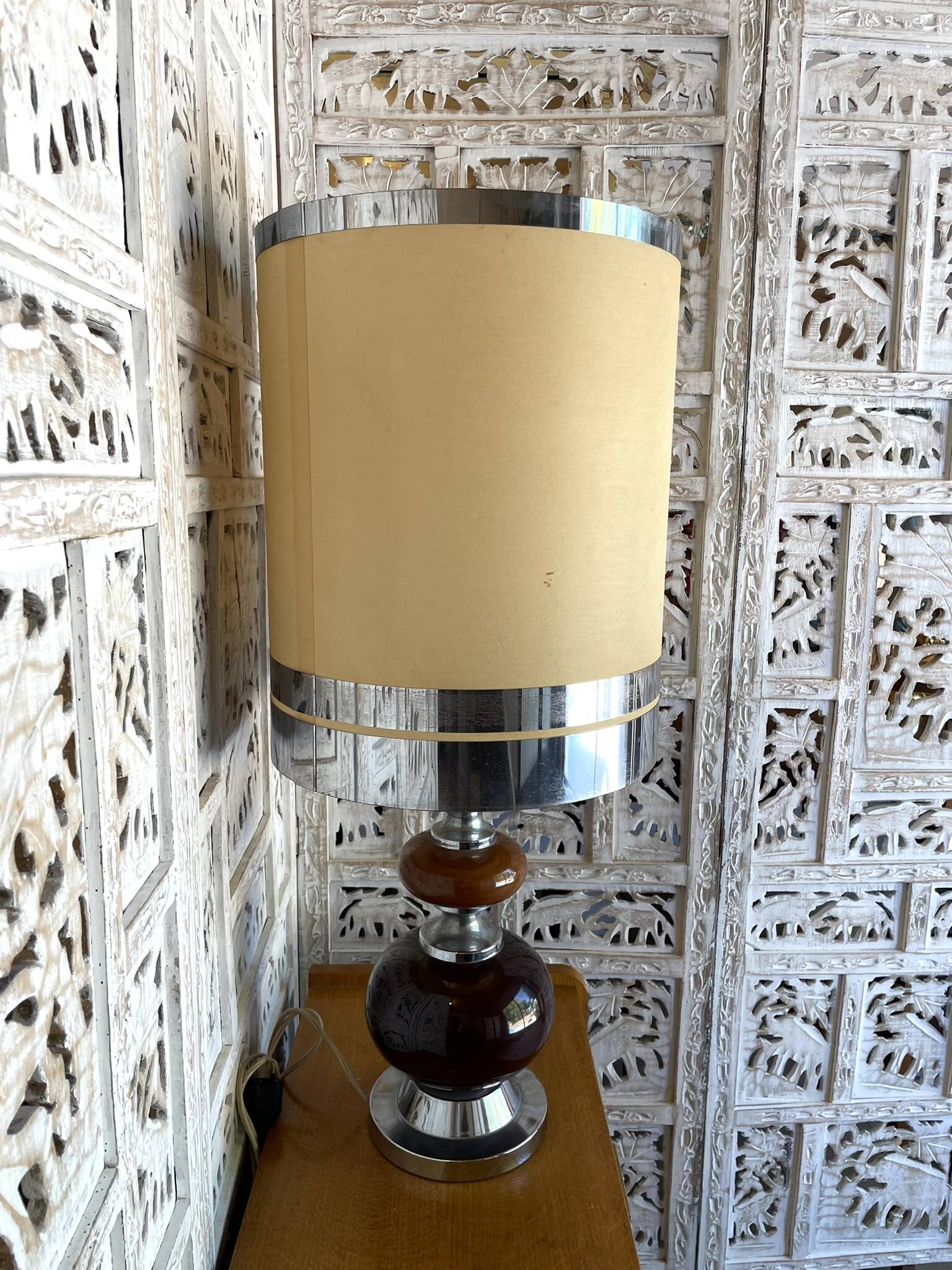 Large Vintage Space Age Table Lamp / 1970s Design - Ceramic & Chrome