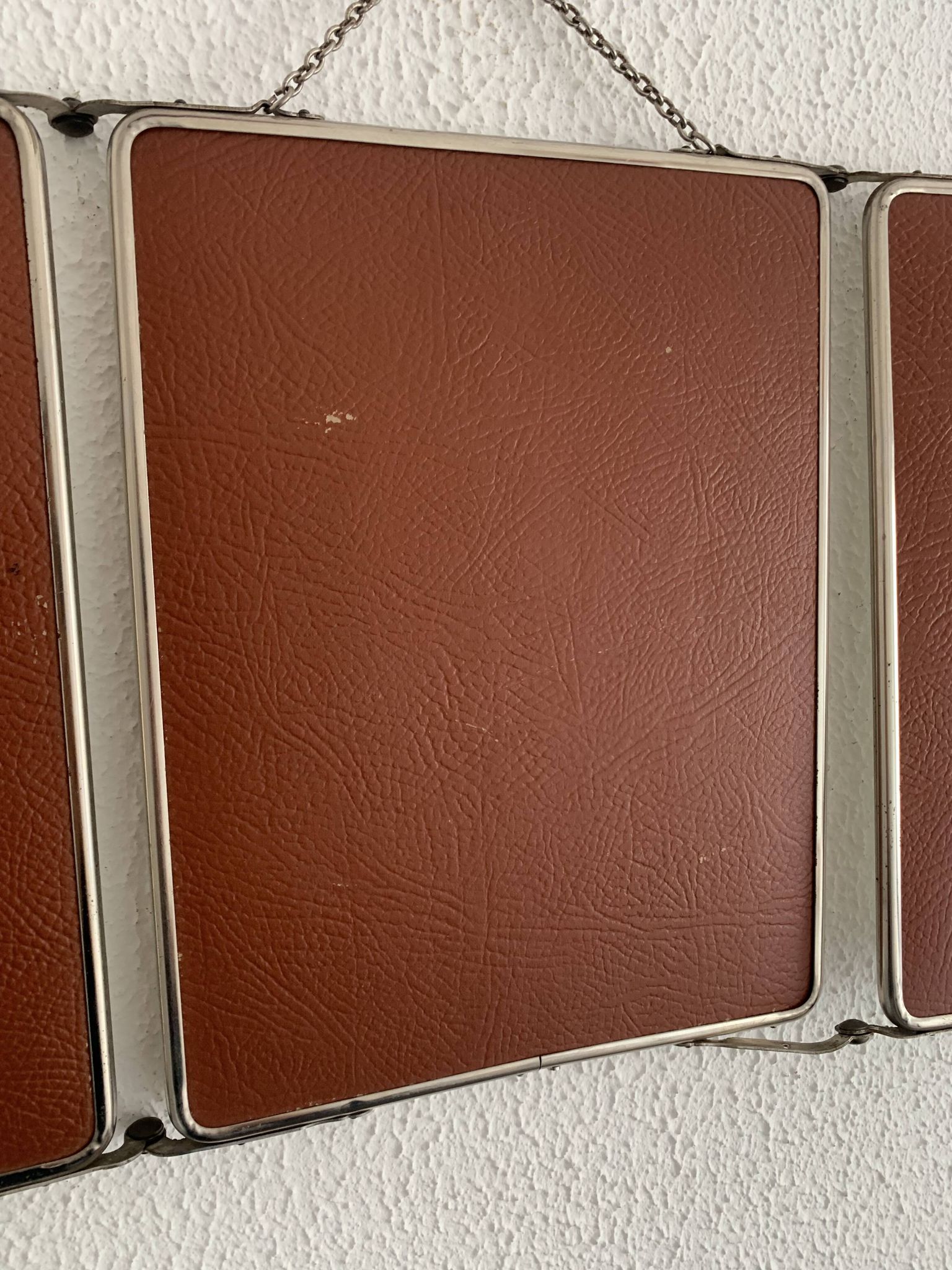 Vintage 1950s triptych barber's mirror, terracotta, hairdresser's tile - 27 x 65 cm