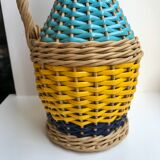 Scoubidou and wicker bottle with yellow and blue handle 70s
