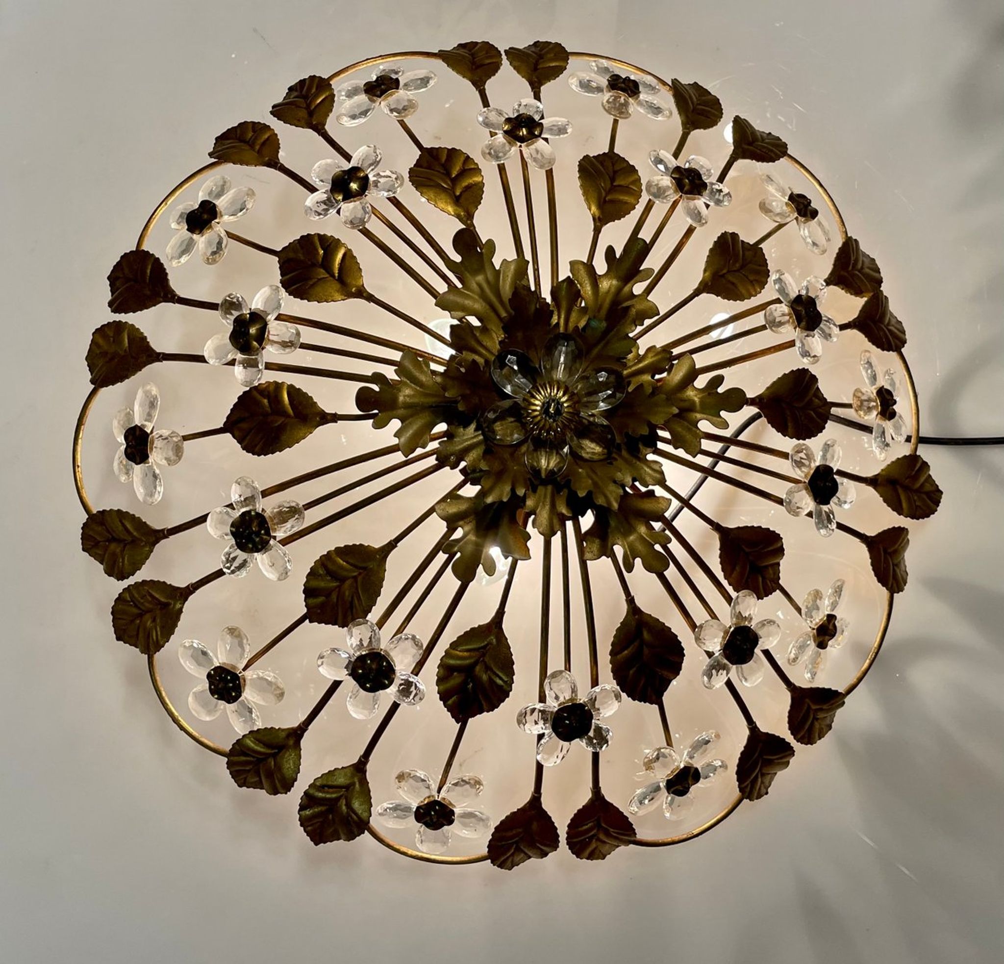 Italian gold gilded tole crystal flower flush mount, 1960s