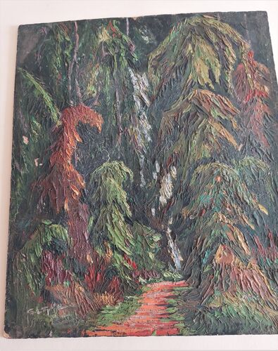 Tableau peinture huile sur panneau paysage forêt milieu XXème