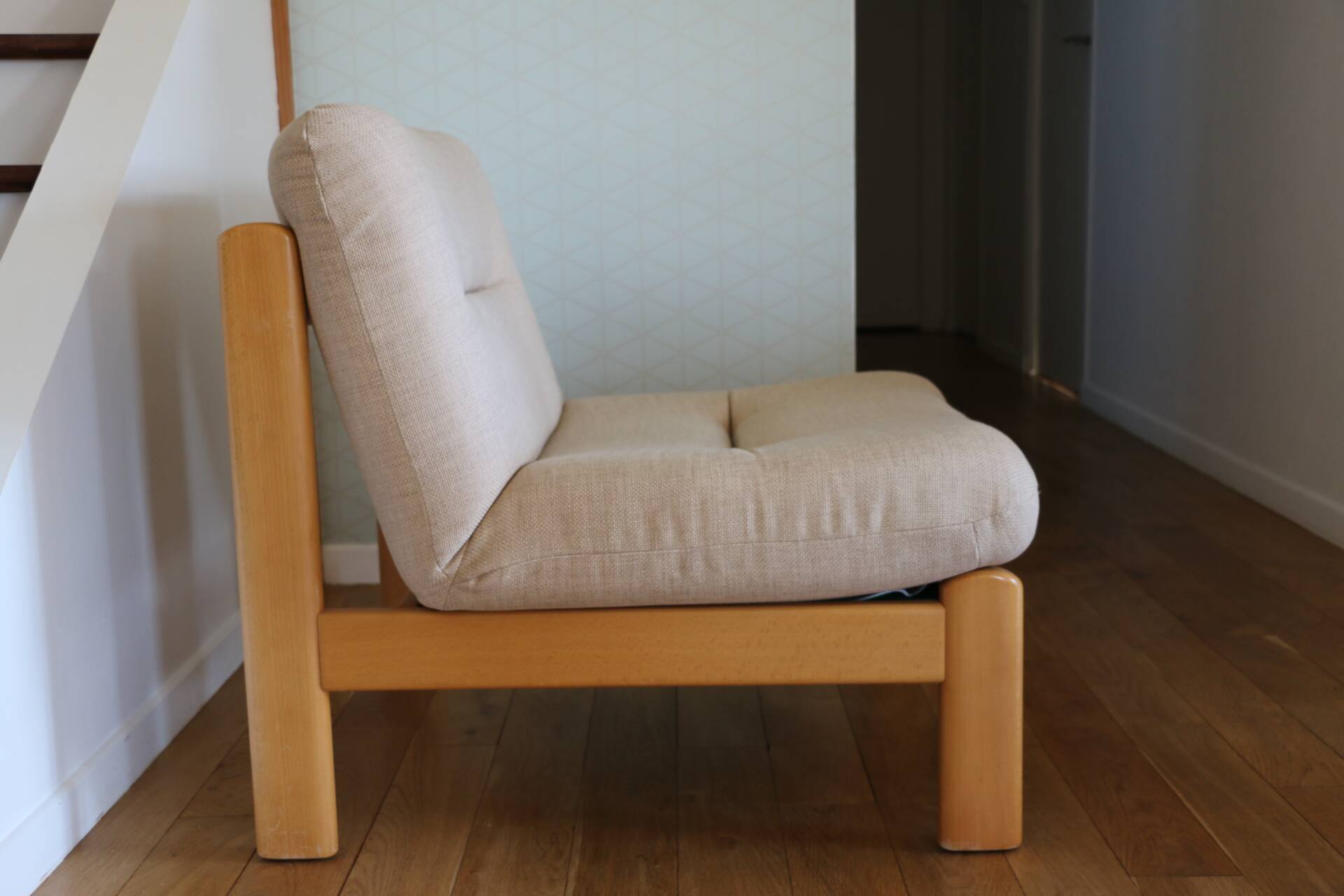 Pair of wood and fabric lounge chairs, 1980