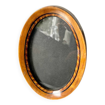 Antique Oval wooden frame with intarsia inlay 15.5 cm x 10 cm